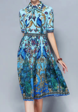 Antoinette　Designer Summer Dress Women's Bow Collar Elegant Animal Floral Print Pleated Vintage Dress