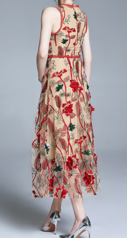 Antoinette　ボタニカル ワンピース ノースリーブ レッド レディース 刺繍 Long one-piece Botanical Red vintage