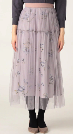 パープルの花柄のチュールプリーツスカート