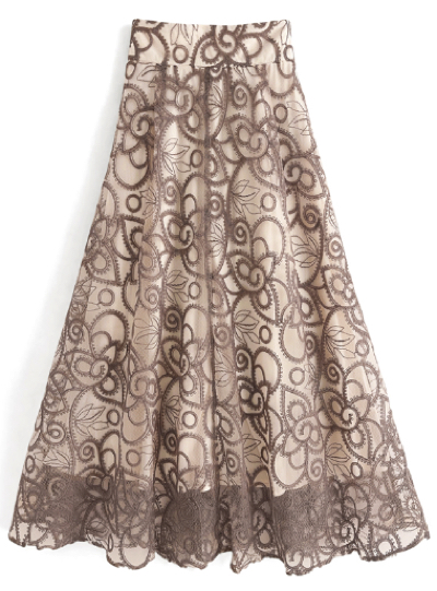 GRL・ベージュの花柄刺繍レースフレアスカート