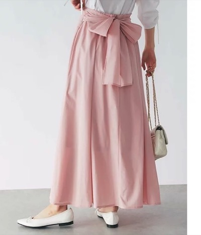 La boutique BonBon (ラブティックボンボン)タフタリボンマーメイドマキシスカートピンクのリボンデザインロングスカート