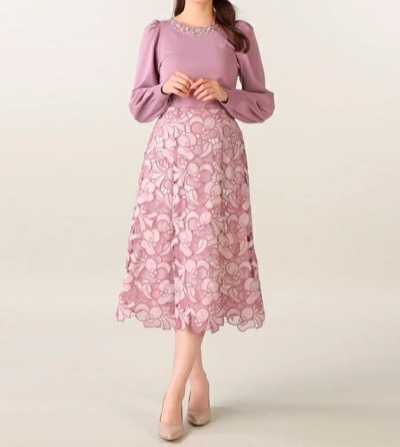 LAISSE PASSEパンジーケミカルスカートピンクの花柄レーススカート