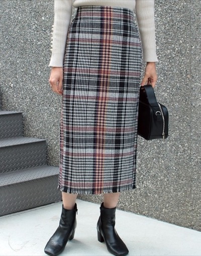 INCEDEビッグチェック ツイードタイトスカート/チェックの裾フリンジタイトスカート