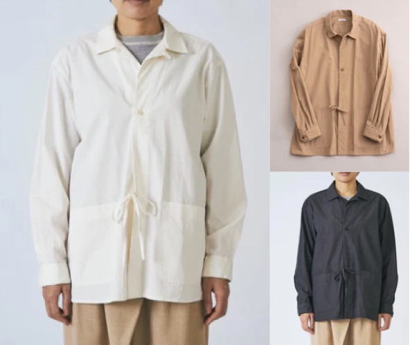 hatsutokikitchen ユニセックス シャツジャケット着用画像と色違いのグレーとベージュ