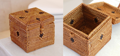 アタで編まれた四角いフタ付き小物入れケース藤の小物入れ（かご）