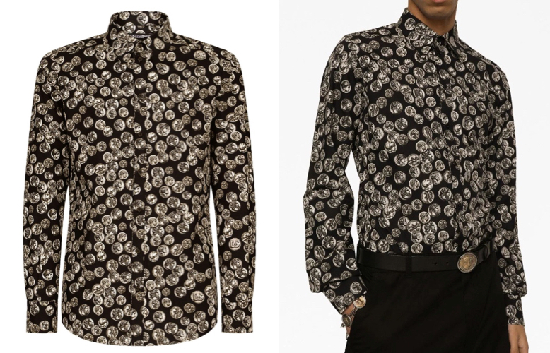 Dolce & Gabbana（ドルチェ＆ガッパーナ）ブラウンのプリントコインデザイン総柄シャツ