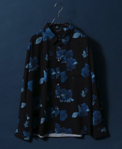 ANPAS（アンパス）ブラックxブルーの花柄長袖シャツ