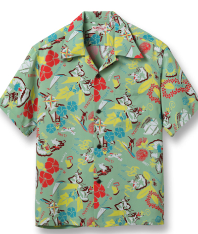 TOYO ENTERPRISE（東洋エンタープライズ）グリーンのハワイモチーフ半袖シャツ
