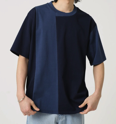 nano universe（ナノユニバース）ネイビーのアシメ切り替え半袖Tシャツ