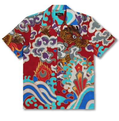 Pagong（パゴン）赤系の龍プリントアロハシャツ