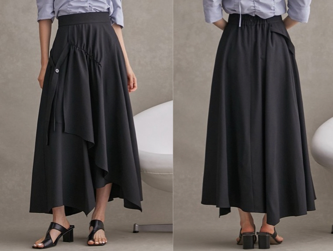 PUBLIC TOKYOブラックのアシメデザインロングスカート