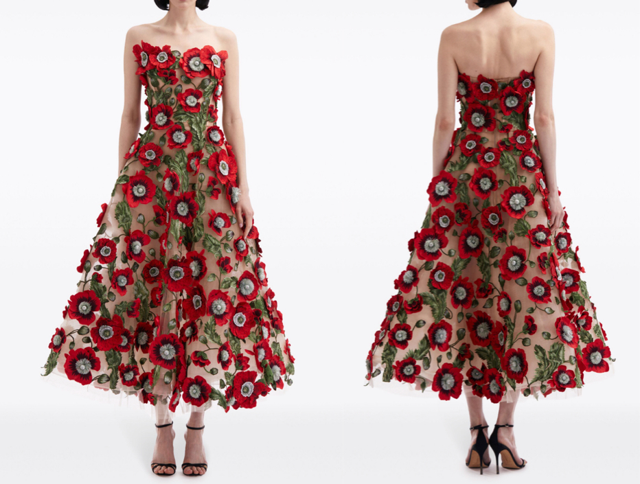 Oscar de la Rentaレッドのフラワーデザインドレス