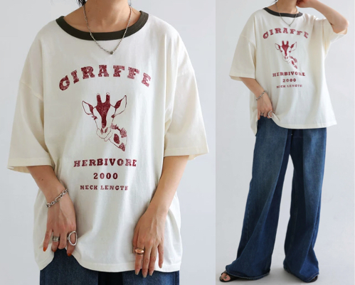 antiquaホワイトのキリン柄半袖Tシャツ