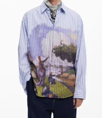 Desigual（デシグアル）ブルーの風景柄ストライプシャツ