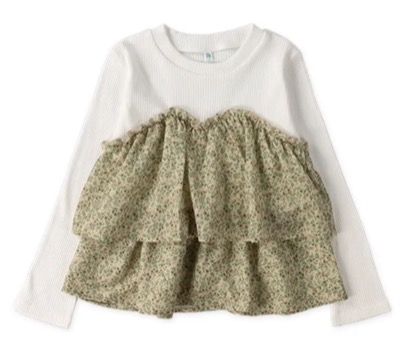 西松屋（にしまつや）ホワイトxグリーンの小花柄ビスチェ風長袖Tシャツ