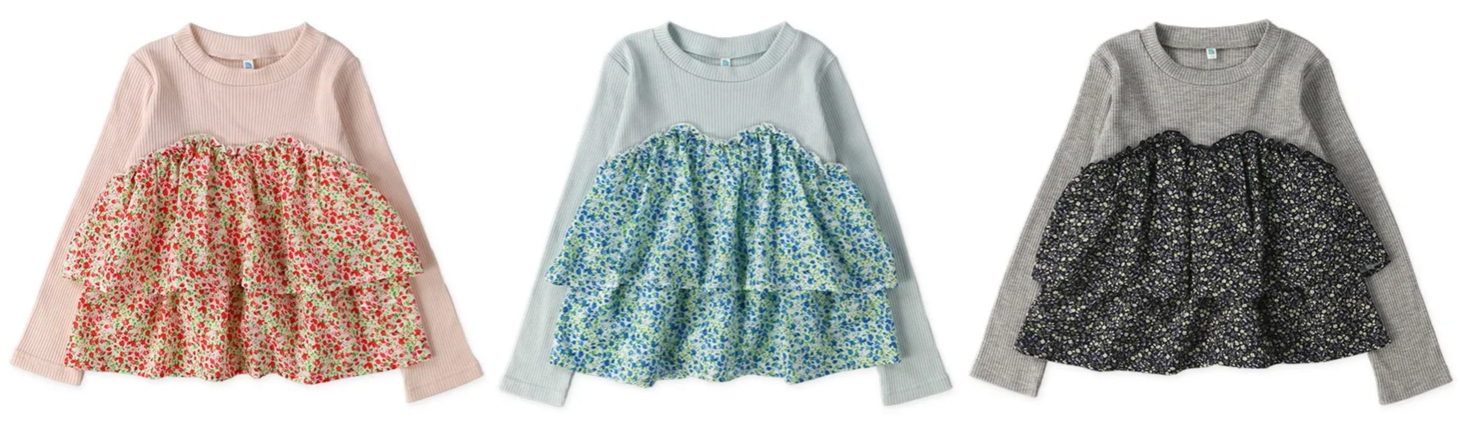 西松屋（にしまつや）ホワイトxグリーンの小花柄ビスチェ風長袖Tシャツ