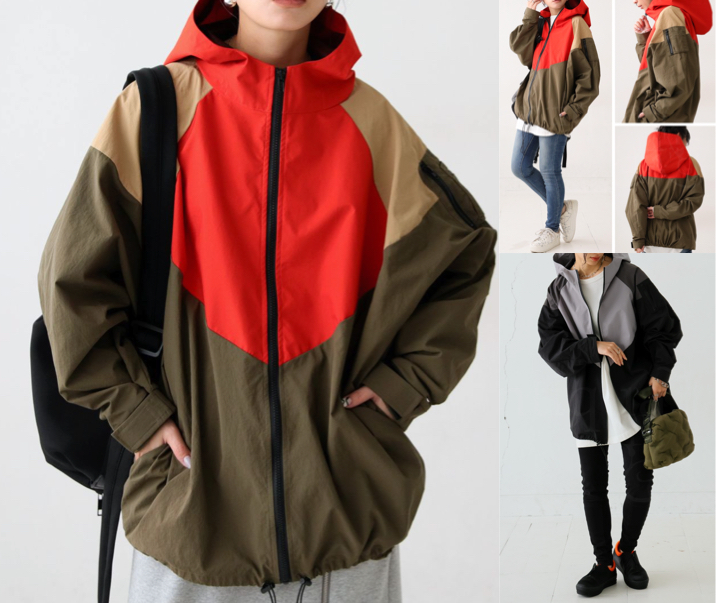 antiquaカーキ×レッド×ベージュのジャケット