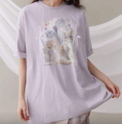 merry jenny（メリージェニー）ラベンダーの猫プリントTシャツ