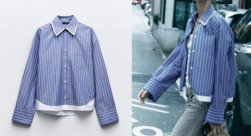 ZARA ストライプ柄コンビシャツブルーのストライプシャツ