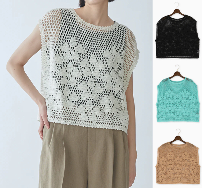 BRAHMIN（ブラーミン）アイボリーのメッシュ編みフラワーモチーフニット