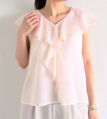 Stola.（ストラ）ピンクのシアーストライプラッフルブラウス