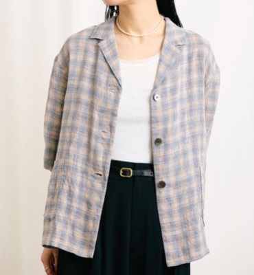 fig London（フィグロンドン）グレーの半袖チェック柄シャツ