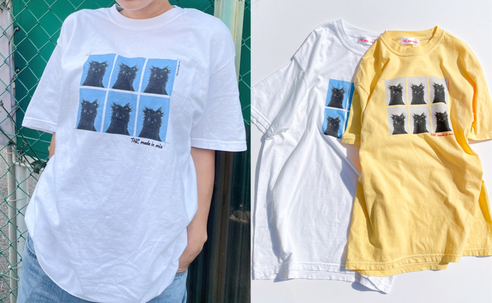 THE made in mix（ザメイドインミックス）ホワイトの猫プリントTシャツ
