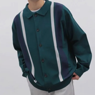 LAKOLE（ラコレ）グリーンのストライプニットシャツ