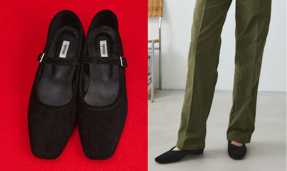 cinchブラックのフラットストラップパンプス