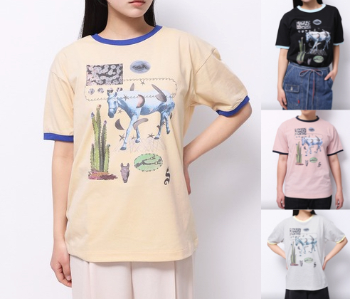 Common Nounイエローのプリント柄Tシャツ