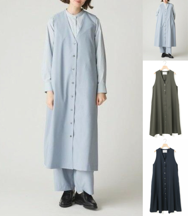 MidiUmi Vネックロングジレワンピースブルーのロングジレワンピース