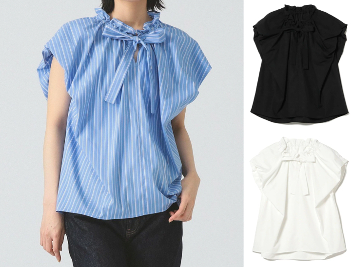 Ray BEAMS(レイ ビームス)ブルーのボウタイストライプブラウス