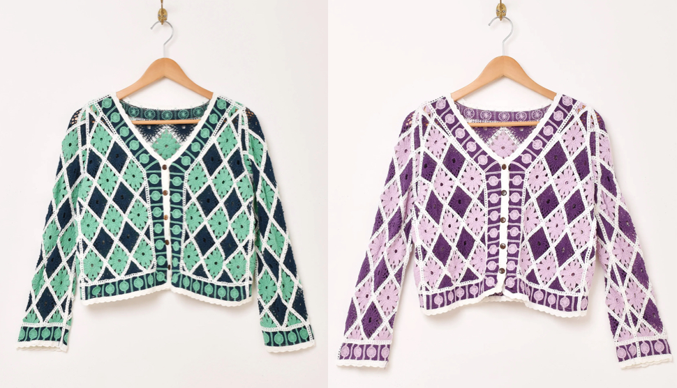 グリーンxネイビーのダイヤ柄カーディガン