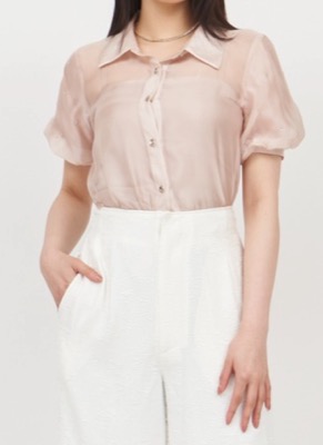 ROYAL PARTY（ロイヤルパーティー）ピンクのパフスリーブシアーブラウス