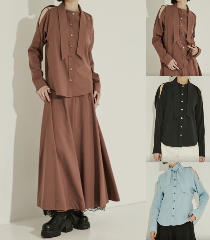 AKANE UTSUNOMIYA（アカネウツノミヤ）ブラウンの肩開きブラウス