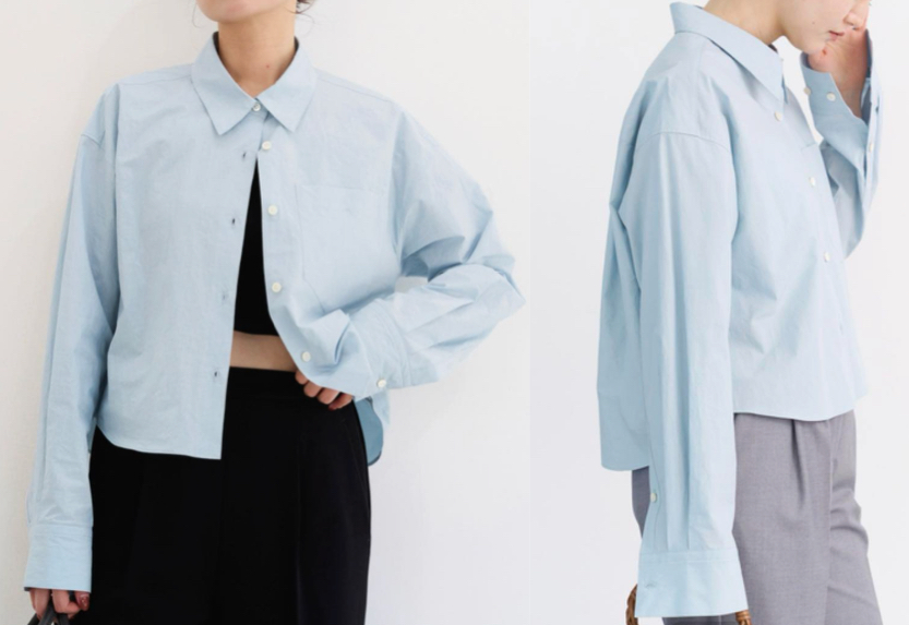 IENAライトブルーのクロップド丈シャツ