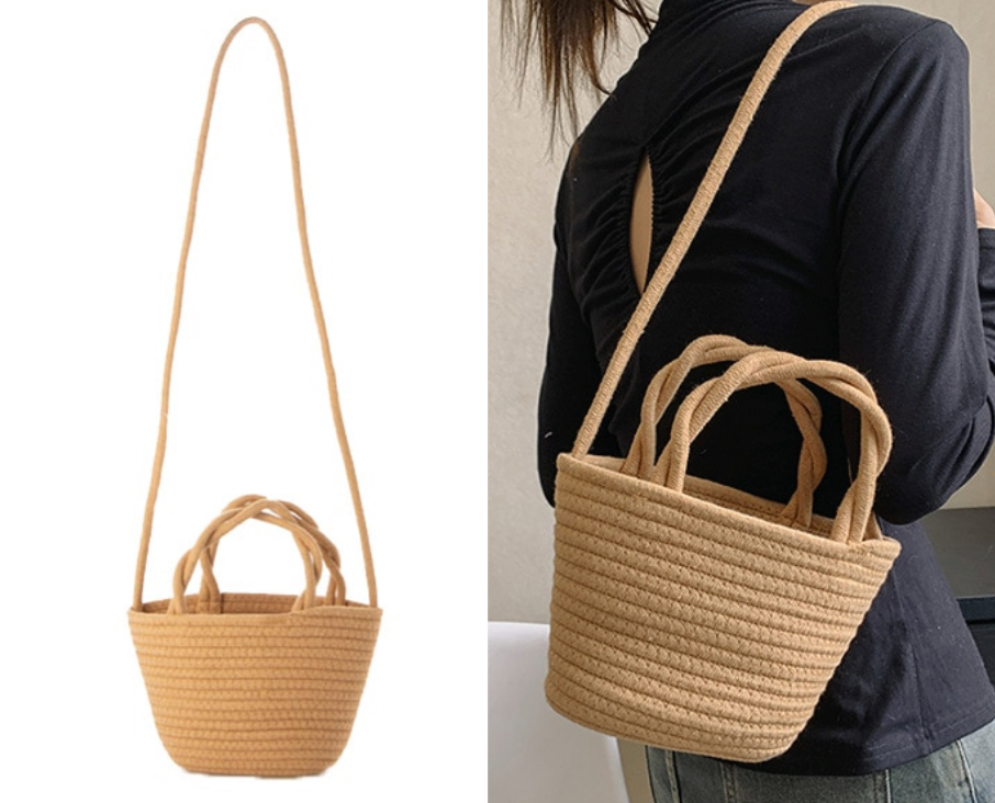 麦わら調編みデザインショルダーバッグ