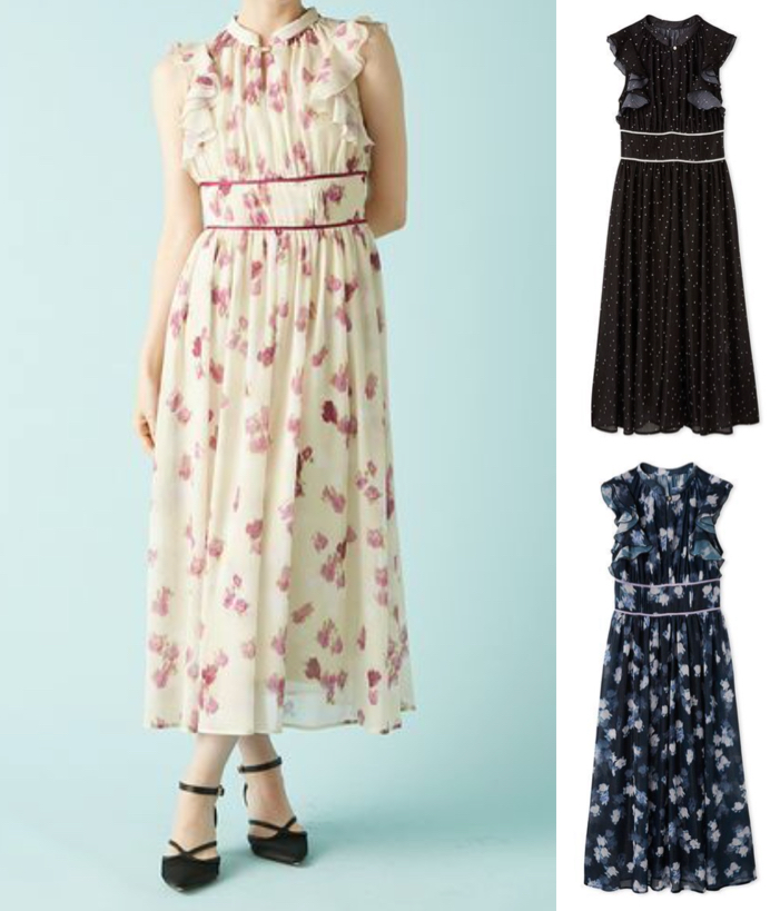 Lily Brown(リリーブラウン)アイボリーxピンクのプリントフリルワンピース