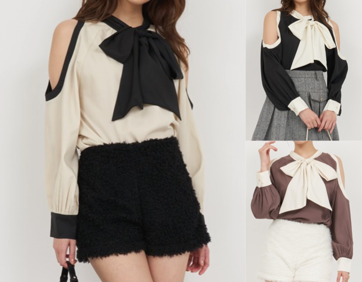 ROYAL PARTY(ロイヤルパーティー)ベージュのバイカラー配色リボンブラウス