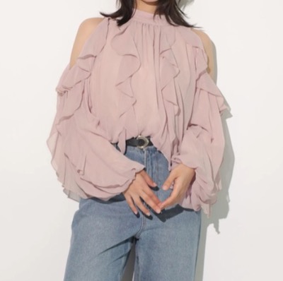 Rirandture(リランドチュール)ピンクのオフショルフリルシアーブラウス