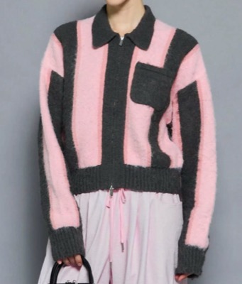MAISON SPECIAL(メゾンスペシャル)ピンクxチャコールグレーのストライプカーディガン