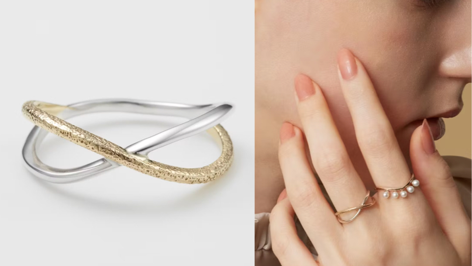 ageteゴールド✕シルバーのクロスデザインリング