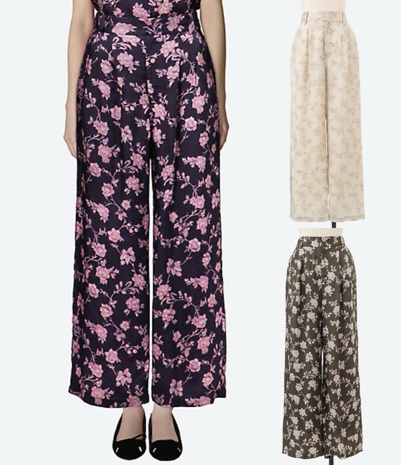 leur logetteブラック✕ピンクのフラワー柄パンツ