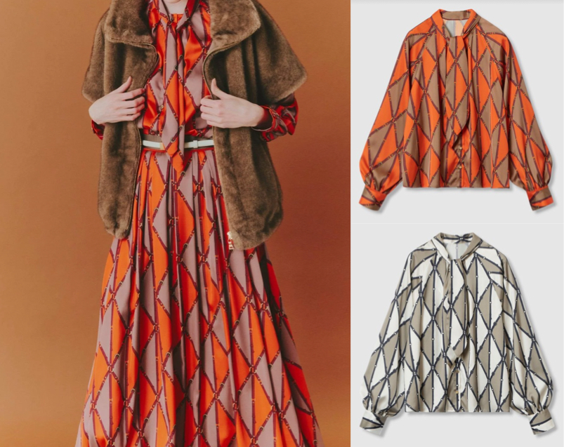 ANAYI（アナイ）オレンジのダイヤ柄ボウタイブラウス