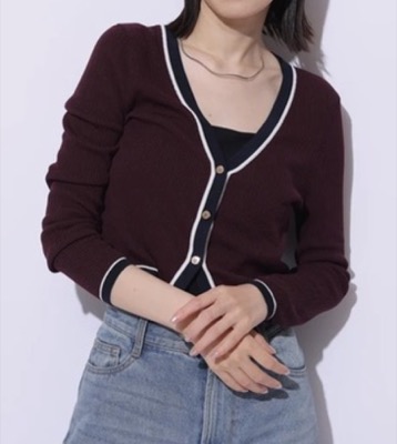 Mystrada（マイストラーダ）ボルドーの配色ラインカーディガン
