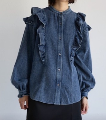 SOTT(ソット)ネイビーのフリルデニムシャツ