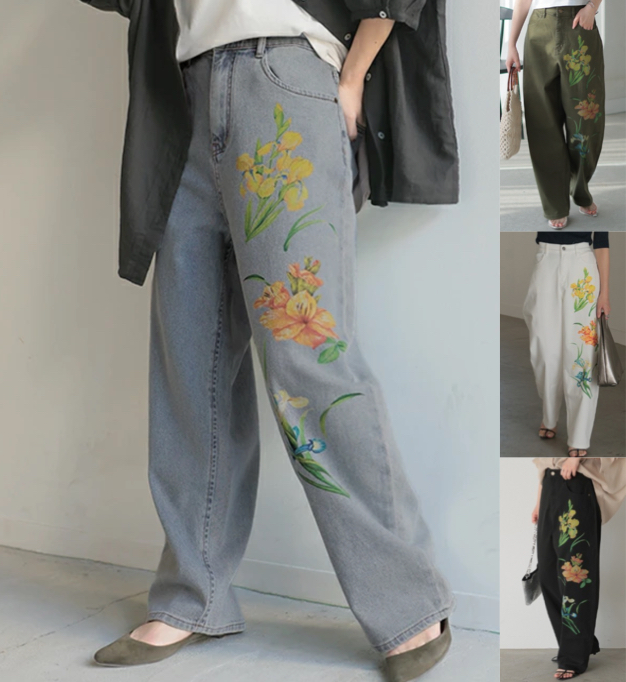 HUG.U(ハグユー)ライトブルーの花柄デニムパンツ