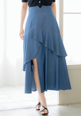 AND COUTURE(アンドクチュール)ネイビーのデニムライクレイヤードフリルスカート