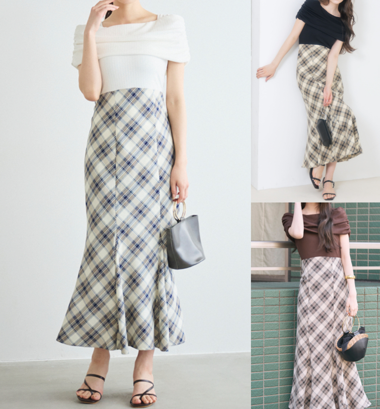 LILLIAN CARAT(リリアンカラット)ホワイトニットxチェックスカートのドッキングライクワンピース