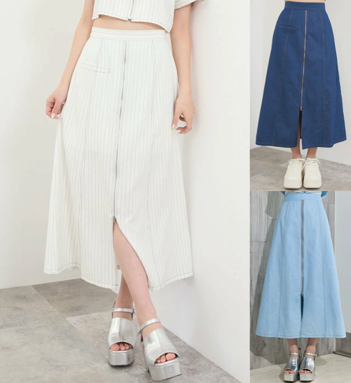 REDYAZEL(レディアゼル)ホワイトのストライプ柄フロントZIPスカート